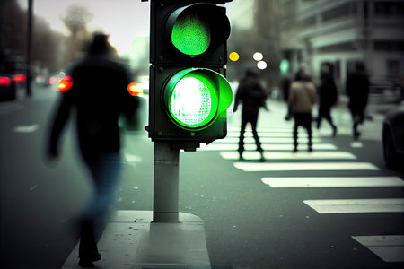 green traffic light, with blurred person running to cross the street, created with generative aiの素材