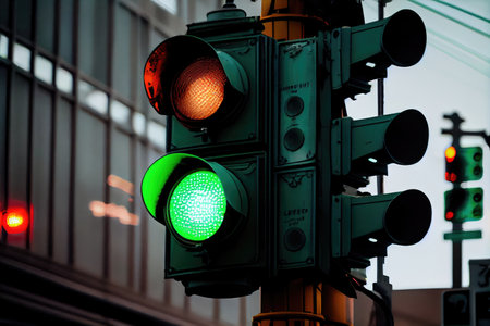 green traffic light hanging from the ceiling in busy intersection, created with generative aiの素材