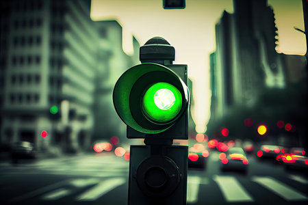 green traffic light with blurred cityscape in the background, created with generative aiの素材