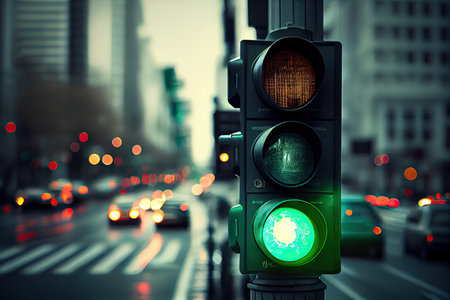 green traffic light with blurred cityscape in the background, created with generative aiの素材