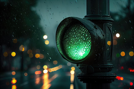 green traffic light on rainy night, with droplets of water shining in the light, created with generative aiの素材