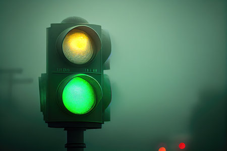 green traffic light in the mist, with blurry foreground and background, created with generative aiの素材