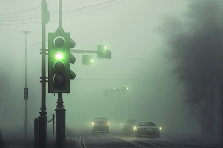 green traffic light on a foggy morning, with cars waiting to move, created with generative aiの素材