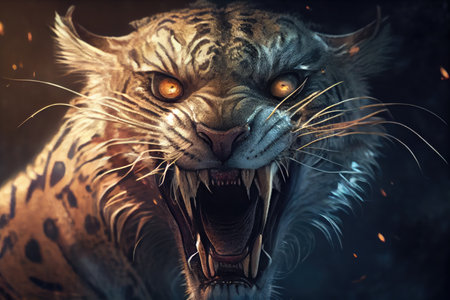 close-up of wild animals face, with its eyes shining and teeth bared, created with generative aiの素材