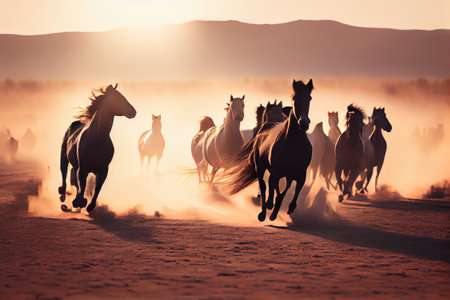 wild herd of horses galloping across a vast plain, created with generative aiの素材