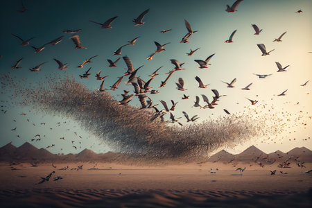 a flock of birds taking flight, their wings beating in unison, created with generative aiの素材
