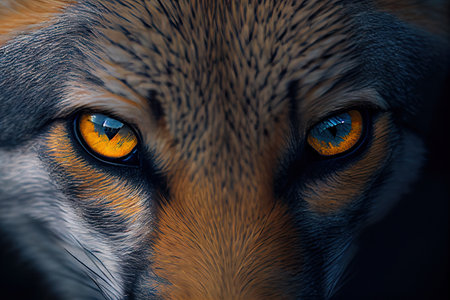 close-up of a foxs face, with its yellow eyes and sharp teeth visible, created with generative aiの素材