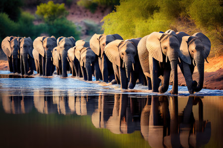 a herd of elephants crossing a river, created with generative aiの素材