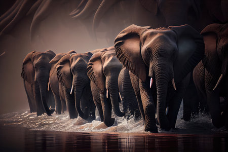 a herd of elephants crossing a river, created with generative aiの素材