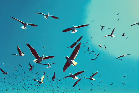 a flock of birds taking flight in a clear blue sky, created with generative aiの素材