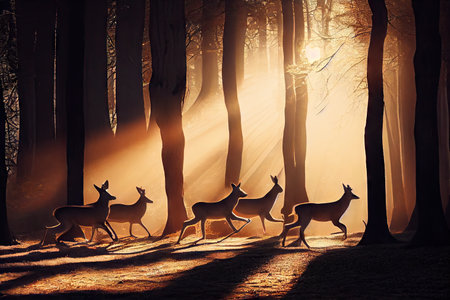 group of deer running through a peaceful forest, with sunshine filtering through the trees, created with generative aiの素材