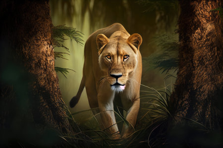 lioness stalking her prey through the forest, ready to pounce, created with generative aiの素材