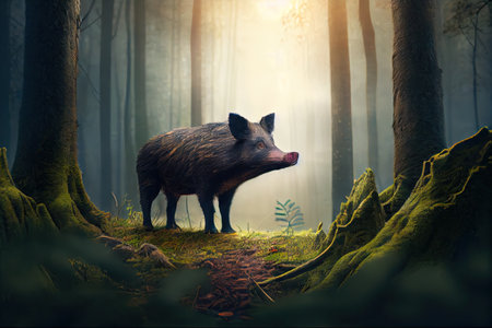 a herd of deer running through a forest at sunrise, created with generative aiの素材