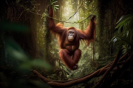 orangutan swinging from tree branch in lush jungle, created with generative aiの素材