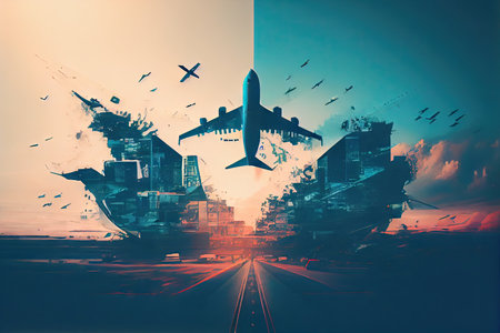 avinig industry double exposure with airplanes landing and taking off on a busy airport, created with generative aiの素材