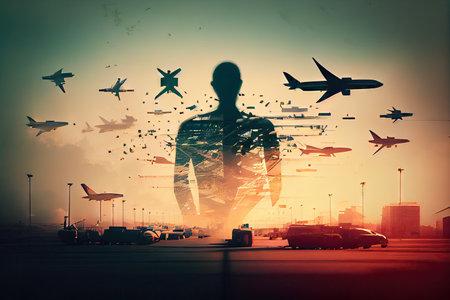 avinig industry double exposure with airplanes landing and taking off on a busy airport, created with generative aiの素材
