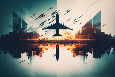 avinig industry double exposure with airplanes landing and taking off on a busy airport, created with generative aiの素材