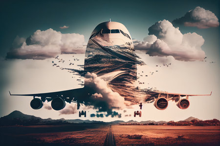double exposure of airplane landing on runway with clouds and sky in the background, created with generative aiの素材