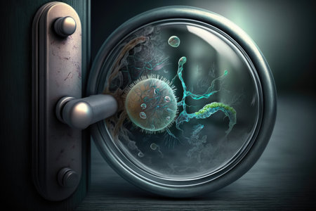 bacteria on the door handle, with magnifying glass in the foreground, created with generative aiの素材