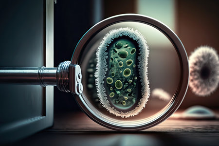 bacteria on the door handle, with magnifying glass in the foreground, created with generative aiの素材