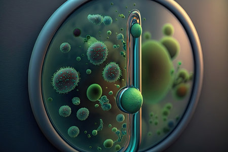 close-up of bacteria on the door handle, with magnifying glass in the background, created with generative aiの素材