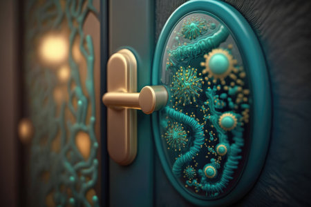 close-up of door handle, with visible bacteria and germs, created with generative aiの素材