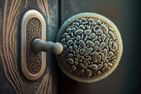 close-up of bacteria on the door handle, with visible textures and patterns, created with generative aiの素材