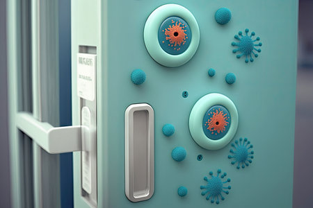 hospital, with a close-up of bacteria on the door handles, created with generative aiの素材
