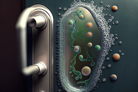 bacteria growing on door handle, with droplets of water visible, created with generative aiの素材