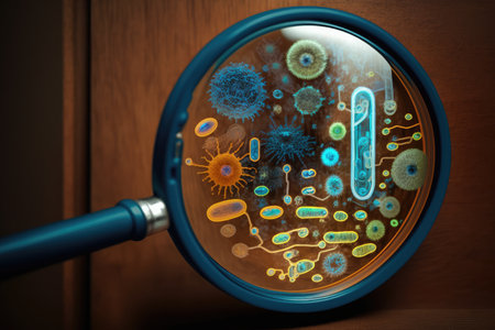 close-up of bacteria on the door handle, with magnifying glass in the foreground, created with generative aiの素材