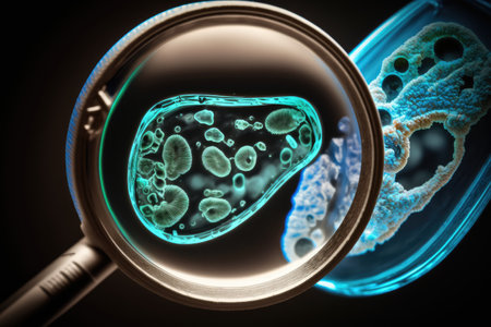 close-up of bacteria on the door handle, with magnifying glass in the foreground, created with generative aiの素材