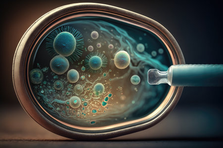 close-up of bacteria on the door handle, with magnifying glass in the foreground, created with generative aiの素材