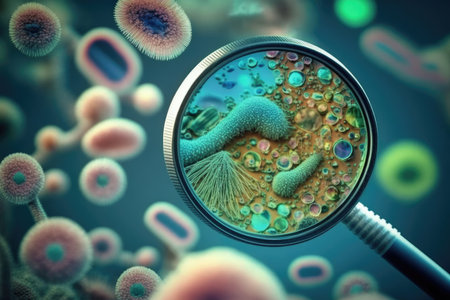 close-up of bacteria, with magnifying glass in the background, created with generative aiの素材
