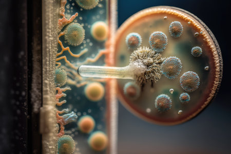 close-up of bacteria on the door handle, with visible microstructures, created with generative aiの素材