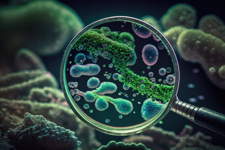 close-up of bacteria, with magnifying glass in the foreground, created with generative aiの素材