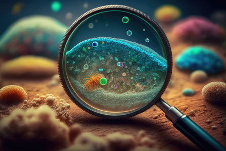 close-up of bacteria, with magnifying glass in the foreground, created with generative aiの素材