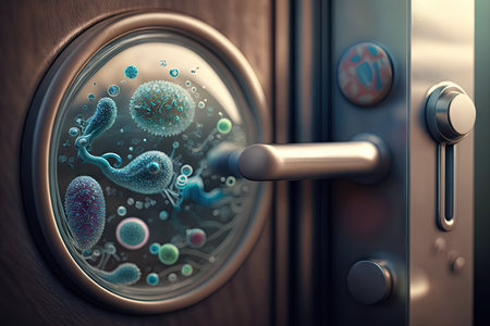 close-up of bacteria on the door handle, with magnifying glass in the foreground, created with generative aiの素材
