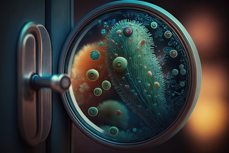 close-up of bacteria on the door handle, with magnifying glass in the foreground, created with generative aiの素材