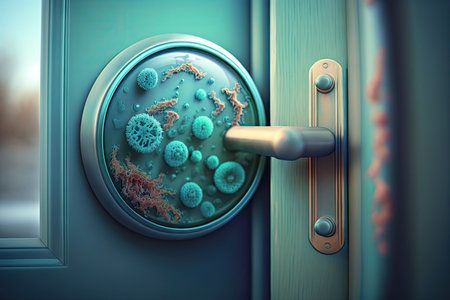 close-up of bacteria on the door handle, with magnifying glass in the foreground, created with generative aiの素材