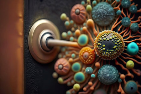 a close-up of the bacteria on a door handle, with visible textures and colors, created with generative aiの素材