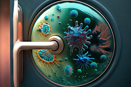 close-up of door handle, with visible layer of bacteria and germs, created with generative aiの素材