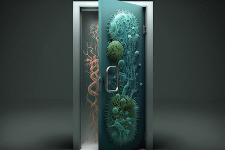 door, with bacteria and germs growing on the handle, created with generative aiの素材