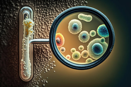 close-up of bacteria on door handle, with magnifying glass in the background, created with generative aiの素材