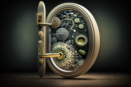 close-up of bacteria on door handle, with magnifying glass in the background, created with generative aiの素材