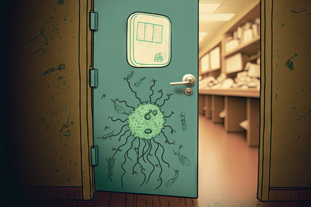 a school classroom, with a close-up of a door handle covered in bacteria, created with generative aiの素材