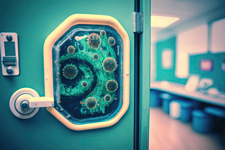 a school classroom, with a close-up of a door handle covered in bacteria, created with generative aiの素材
