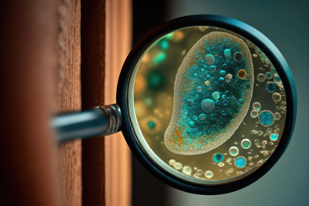 close-up of bacteria on the door handle, with magnifying glass in the background, created with generative aiの素材