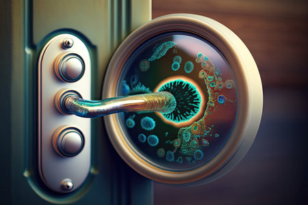 close-up of bacteria on the door handle, with magnifying glass in the background, created with generative aiの素材