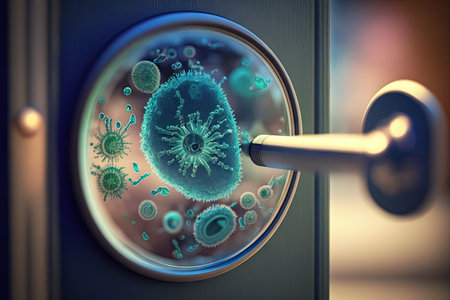 close-up of bacteria on the door handle, with magnifying glass in the background, created with generative aiの素材
