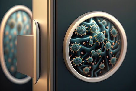 close-up of bacteria on the door handle, with zoom-in to show details, created with generative aiの素材
